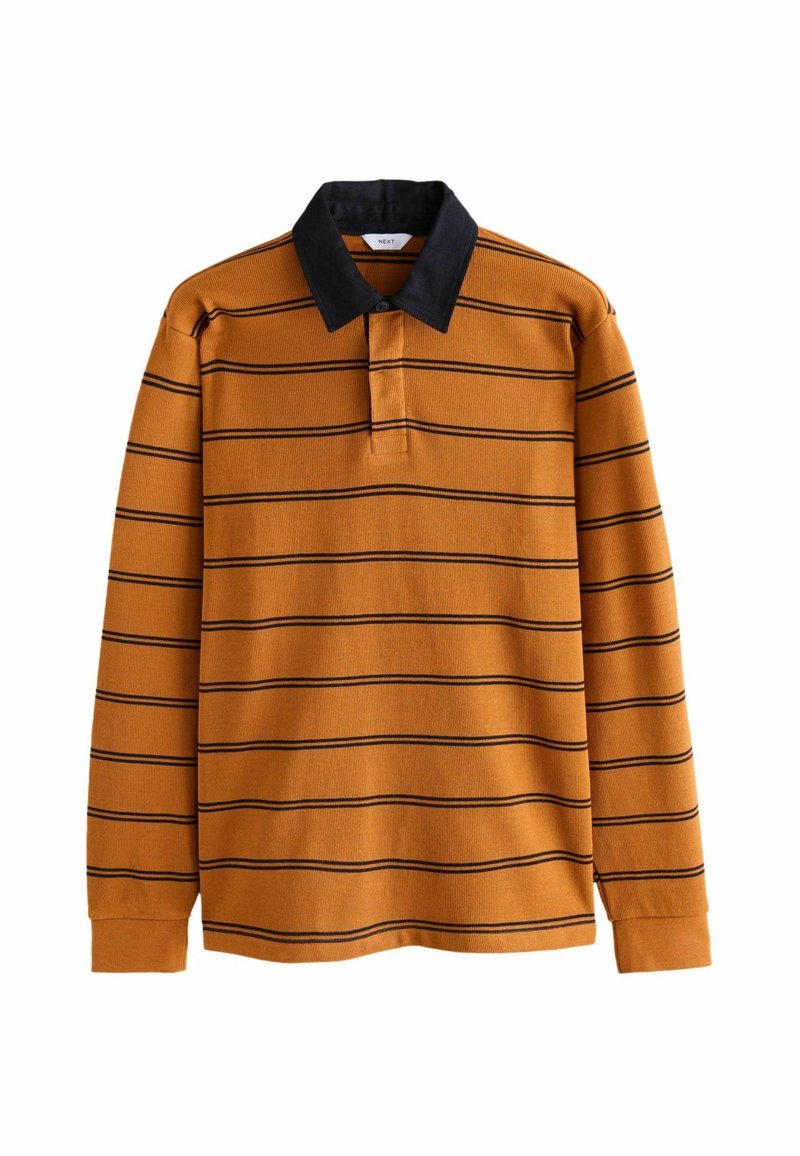 Polo cu mânecă lungă, de culoare galben muștar, cu dungi orizontale negre, având un guler negru și textură ribbed. Detaliu cu clapetă butonată.