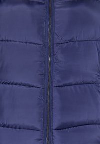 Vesta puffer marină, confecționată dintr-un material lucios, matlasat, cu fermoar în față și un model de cusături orizontale. Izolație ușoară și textură netedă.