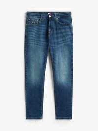 Jeans de denim ajustados de color azul oscuro con detalles desgastados, bolsillos frontales y para monedas, trabillas para cinturón y cierre de botón.