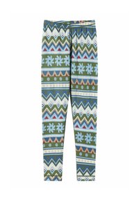 Legginsy bawełniane z wielokolorowym geometrycznym i kwiatowym wzorem w odcieniach niebieskiego, zielonego, czerwonego i kremowego. Elastyczny pas. Gładka tekstura.