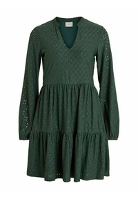 Mörkgrön, långärmad klänning med volangkjol, med en v-ringning och broderad hålmönster över hela tyget.