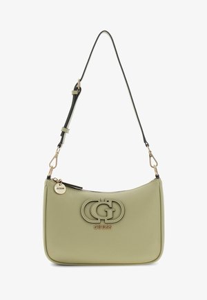Sac à bandoulière Guess vert clair avec sangle noire réglable, logo entrelacé embossé sur le devant, et chaîne décorative avec fermeture éclair dorée.