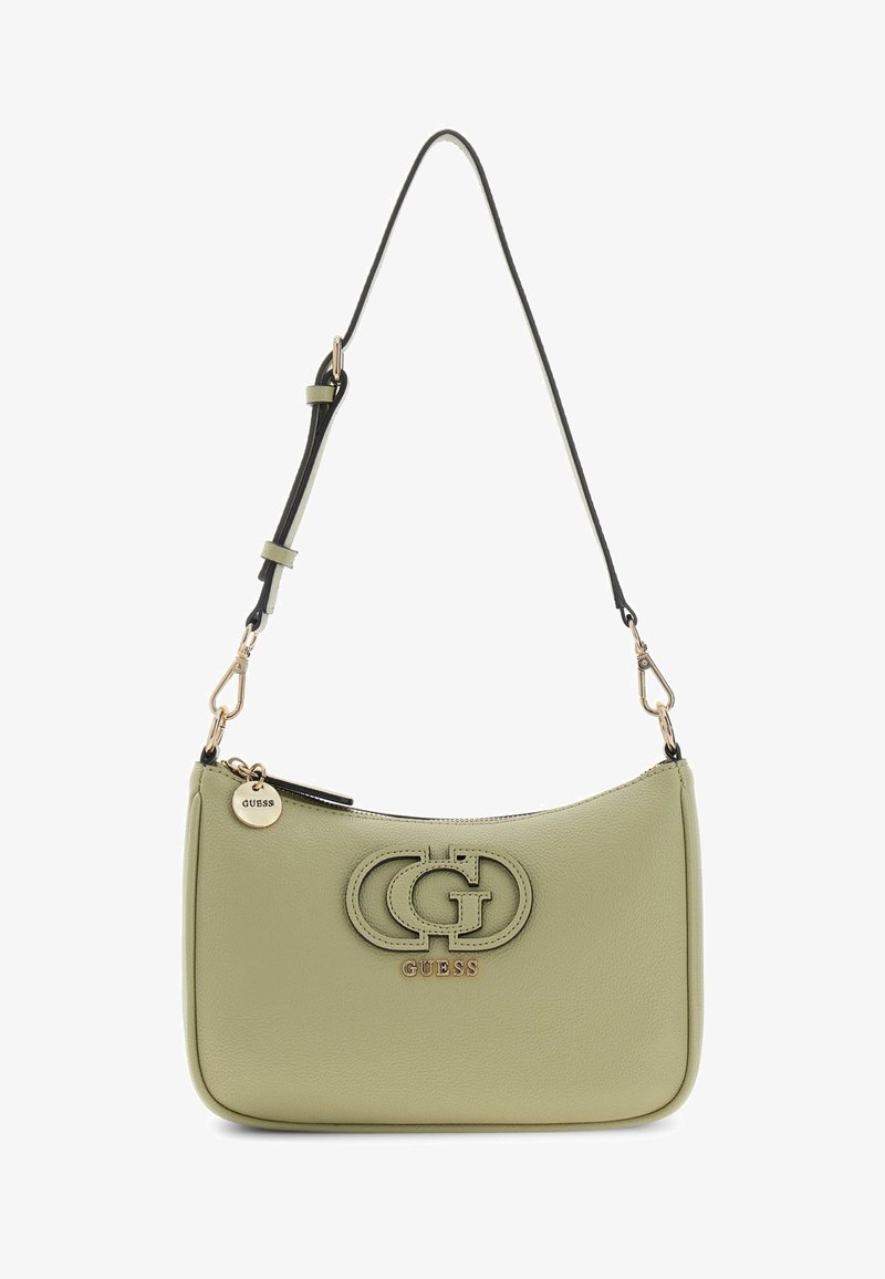 Sac à bandoulière Guess vert clair avec sangle noire réglable, logo entrelacé embossé sur le devant, et chaîne décorative avec fermeture éclair dorée.