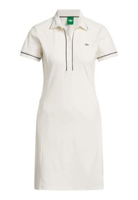 Weißes Polokleid mit kurzen Ärmeln, Zwei-Knopf-Blende, kontrastierender dunkler Einfassung und einem gestickten Logo auf der linken Brust.