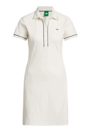 White polo dress with short sleeves, two-button placket, contrasting dark trim, and an embroidered logo on the left chest.