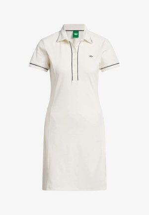 White polo dress with short sleeves, two-button placket, contrasting dark trim, and an embroidered logo on the left chest.