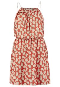 Robe d'été rouge sans manches avec motif floral blanc, taille élastique et fines bretelles spaghetti.