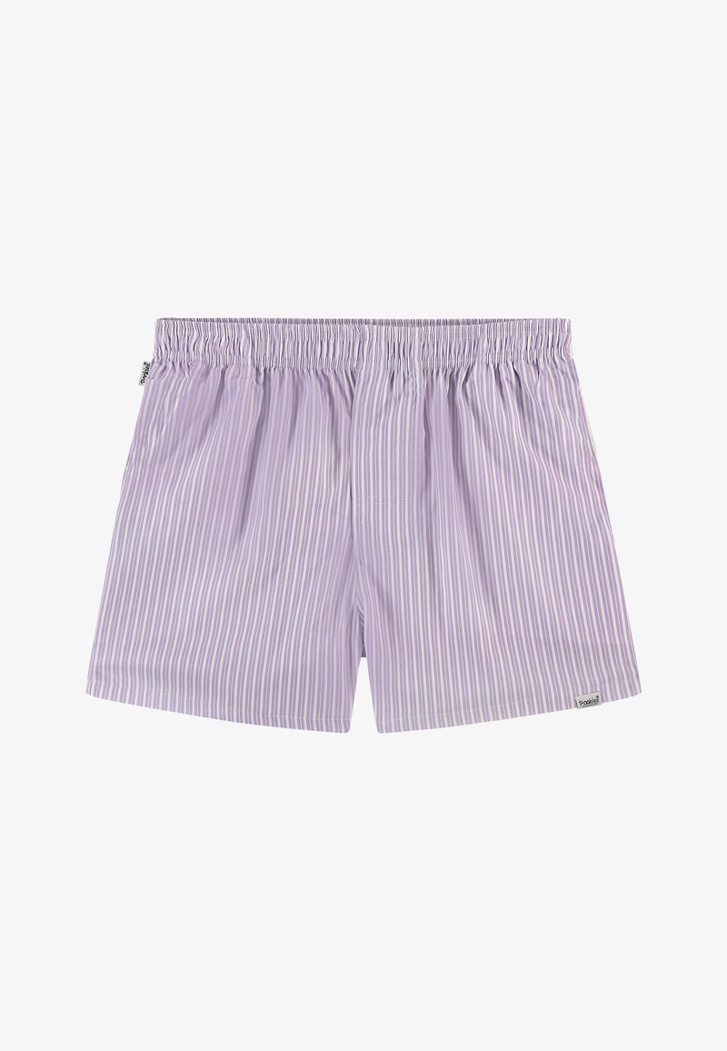 Lichtpaarse gestreepte boxershorts met een elastische tailleband, gemaakt van een lichtgewicht stof. Beschikt over dunne witte strepen en een klein merketiket.