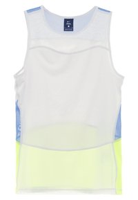 Débardeur en mesh blanc avec des accents bleus et jaune néon, doté d'un col rond et d'une texture légère et respirante.