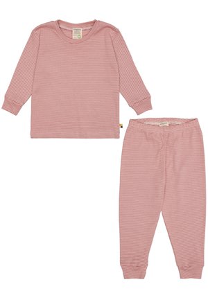 Completo composto da top a maniche lunghe e pantaloni in rosa con strisce orizzontali bianche. Materiale morbido e leggero con elastico in vita sui pantaloni.