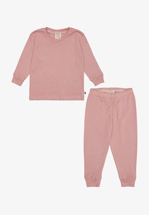 Langärmliges Oberteil und Hose in Pink mit weißen Horizontalstreifen. Weiches, leichtes Material mit einem elastischen Bund an der Hose.