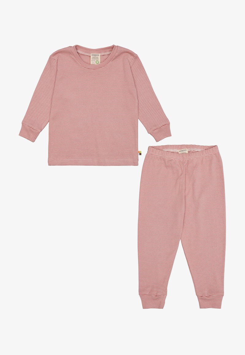 Long-sleeve top and pants set in pink with white horizontal stripes. Soft, lightweight material with an elastic waistband on pants.