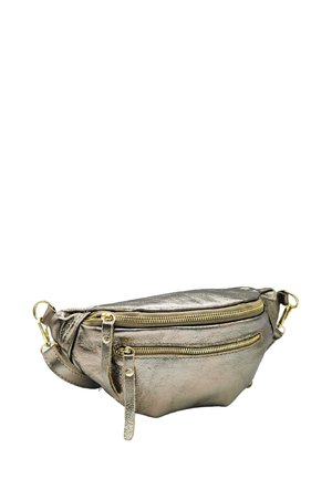 Sac banane doré métallique avec deux compartiments zippés, texture lisse, bande ajustable et accents en matériel doré. Design compact.