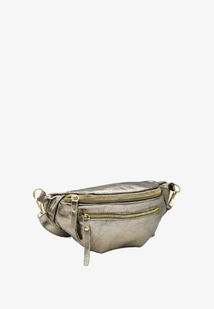 Sac banane doré métallique avec deux compartiments zippés, texture lisse, bande ajustable et accents en matériel doré. Design compact.