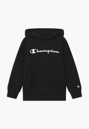 Sweat à capuche Black Champion avec logo en script blanc sur la poitrine et petit logo sur le bord de la manche gauche, doté d'une poche avant et d'une capuche.