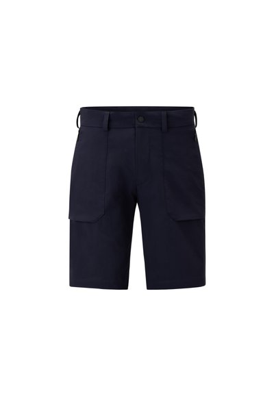 Blaue Cargo-Shorts aus Baumwollmischung mit zwei vorderen Taschen, zwei seitlichen Klapptaschen und einem Knopfverschluss.