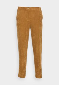 Pantalon en velours côtelé jaune moutarde coupe slim avec fermeture à boutons et fermeture éclair, passants pour ceinture et poches latérales, présenté sur fond blanc.