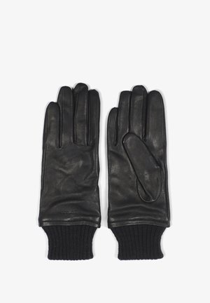 Schwarze Handschuhe aus Leder mit glatter Oberfläche, ausgestattet mit fünf Fingeröffnungen und einem gestrickten schwarzen Bündchen am Handgelenk für zusätzliche Wärme.