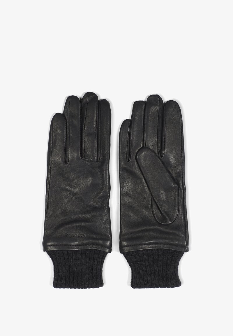 Guantes de cuero negro con un acabado suave, que cuentan con cinco ranuras para los dedos y un puño de punto negro en la muñeca para mayor calidez.