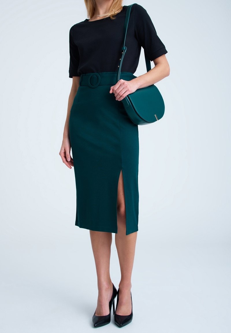 slim fit dress slacks Zapaka Women Cocktail Dress Dark Green Off The Shoulder Ruffled Midi Bodycon Party Dress, Dark Green / US10 main image 1