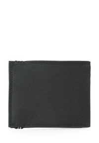 Billetera de cuero negro con una textura suave, forma rectangular y costuras visibles. Cuenta con un cierre de cremallera en un lado, diseño minimalista.