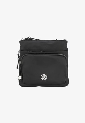 Petit sac bandoulière noir compact avec poche zippée à l'avant, emblème logo argenté et bandoulière réglable sur fond blanc.