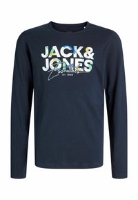 Tricou cu mânecă lungă de culoare bleumarin, confecționat din bumbac, având un grafic colorat "JACK & JONES Essentials" cu data înființării 1990, guler rotund.