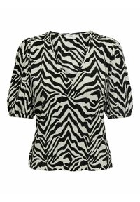 Blůza černobíle pruhovaná se vsedlým výstřihem do V, krátkými nabíranými rukávy a sklady. Uvolněný střih, vhodná na volný čas.