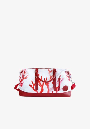 Red and white duffel bag with coral reef print, durable textile, dual handles, detachable shoulder strap, and side zipper pocket.