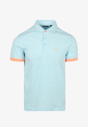 Hellblauses Poloshirt mit floralem Muster, kurzen Ärmeln und korallenfarbenen Akzenten an den Bündchen. Verfügt über eine Drei-Knopf-Leiste und ein gesticktes Logo.