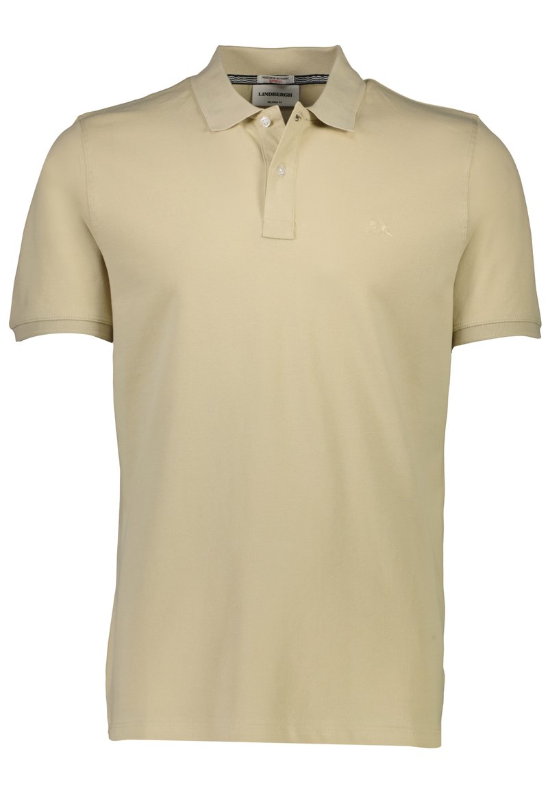Beige bomulds polo skjorte med krave, korte ærmer, to-knaps lukning og et lille broderet logo på venstre bryst.