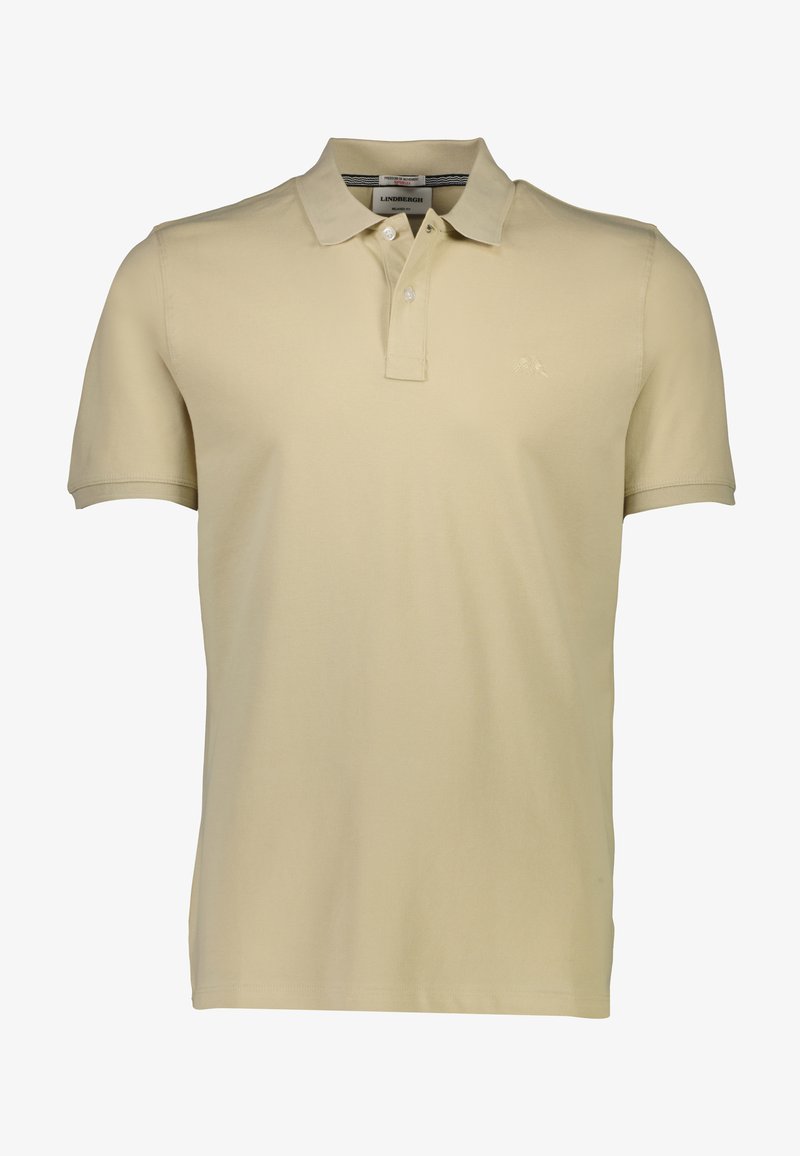 Polo en coton beige avec un col, des manches courtes, une patte de boutonnage à deux boutons et un petit logo brodé sur la gauche de la poitrine.