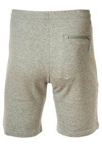 Pantalones cortos de algodón gris con un bolsillo con cremallera en la parte trasera, con una textura suave y un diseño casual. Cintura elástica para mayor comodidad.