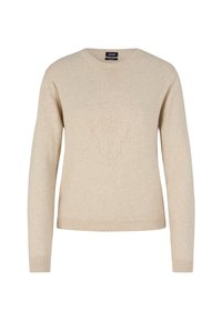 Maglione lavorato a maglia beige con scollatura rotonda, maniche lunghe e un delicato motivo in rilievo sul davanti. Tessuto morbido con polsini a coste.