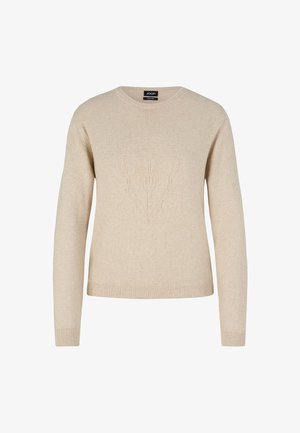 Beige gestrickter Pullover mit runder Halslinie, langen Ärmeln und einem subtilen geprägten Muster auf der Vorderseite. Weicher Stoff mit gerippten Bündchen.