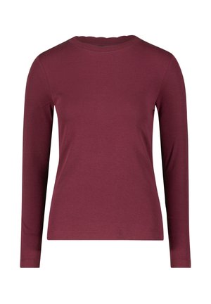 Haut à manches longues en bordeaux, fabriqué en tissu doux. Il présente un col rond classique et une silhouette ajustée, offrant une texture lisse.