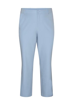 Lyseblå bukser med lige ben, frontknap og bæltestropper, vist mod en hvid baggrund.