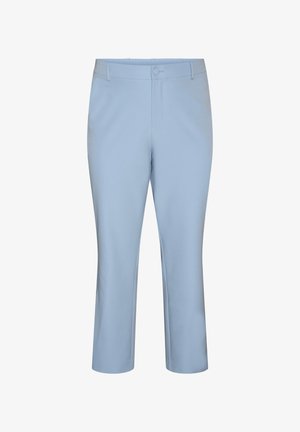 Hele sinised sirge säärega püksid esikinnise ja vööaasadega, valgel taustal.