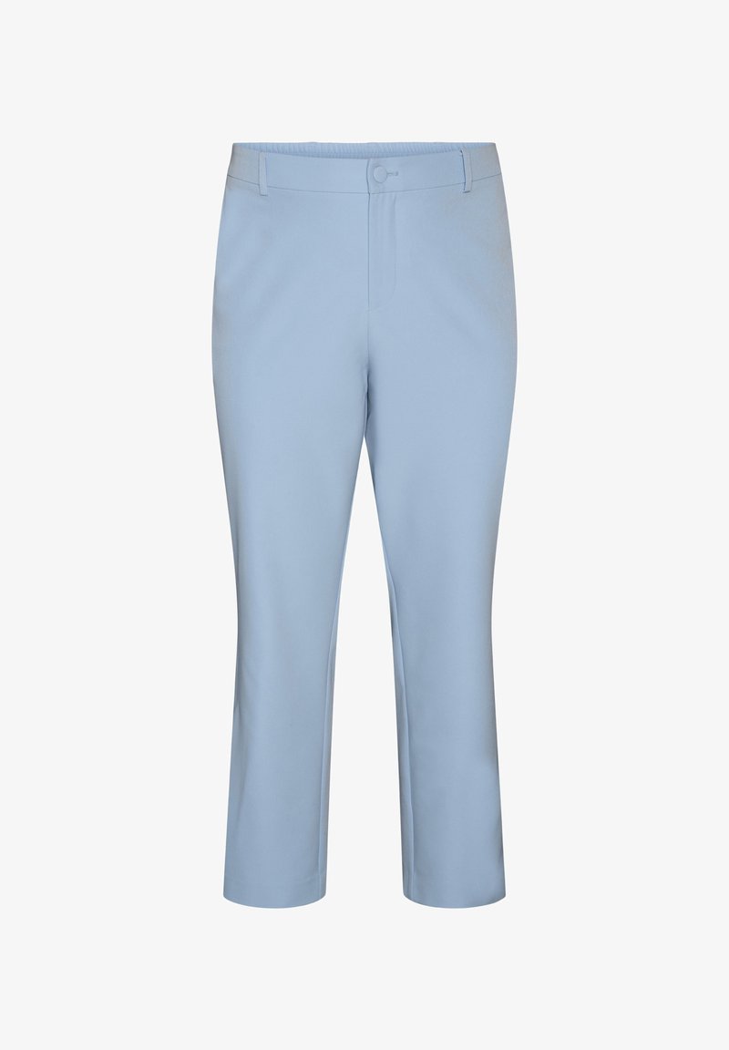 Šviesiai mėlynos tiesios kelnės su priekiniais mygtukais ir diržo kilpelėmis, pateiktos baltame fone.