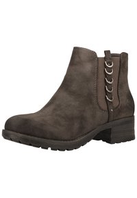 Braune Wildleder-Stiefelette mit runder Spitze, elastischen Seitenteilen und Metallring-Details. Ausgestattet mit einem niedrigen, strukturierten Blockabsatz für Stabilität.