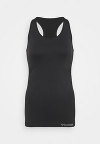 Svart atletisk linne tillverkat av elastiskt material, med en racerback-design, slät yta och en liten logotyp nära fållen.