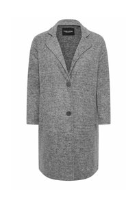 Grå ullblandad kappa med notched lapels, två knappar och långa ärmar. Strukturerad tyg med en slät yta och rak silhuett.