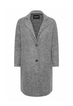 Cappotto grigio in misto lana con revers a punta, due bottoni e maniche lunghe. Tessuto testurizzato con una finitura liscia e una silhouette dritta.