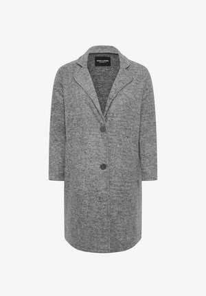 Szary płaszcz z wełny z notowanymi klapami, dwoma guzikami i długimi rękawami. Teksturowany materiał o gładkim wykończeniu i prostym kroju.