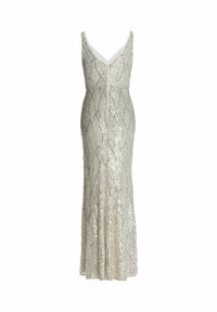 Srebrna wieczorowa suknia z cekinów z dekoltem w kształcie litery V i dopasowanym krojem, charakteryzująca się szczupłą sylwetką i opływowym dołem.