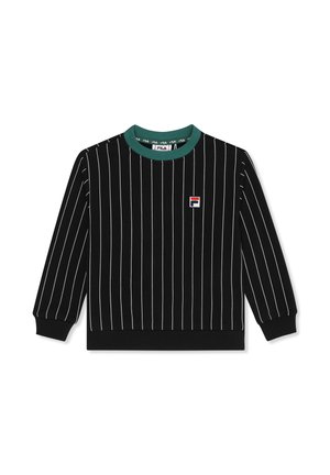 Sudadera negra de manga larga con rayas verticales blancas, cuello redondo verde con ribete y pequeño logo de FILA en el pecho.