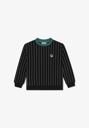 Schwarzes langärmliges Sweatshirt mit weißen vertikalen Nadelstreifen, grün geripptem Rundhalsausschnitt und kleinem FILA-Logo auf der Brust.