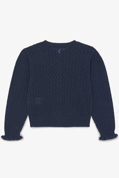 Marinblå stickad tröja med ett strukturerat zigzag-mönster, ribbad krage och kant, samt vågiga manschetter. Visas från baksidan.