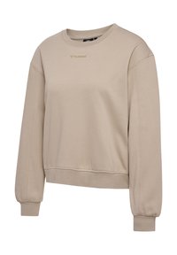 Beige sweatshirt med rundad halsringning, långa puffärmar, ribbade muddar och en smal passform. Har en diskret logotyp på bröstet.