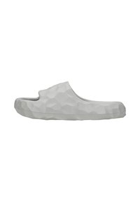 Gray slipper with a geometric, textured surface. Features an open back and a smooth, rounded front. Made from durable material.